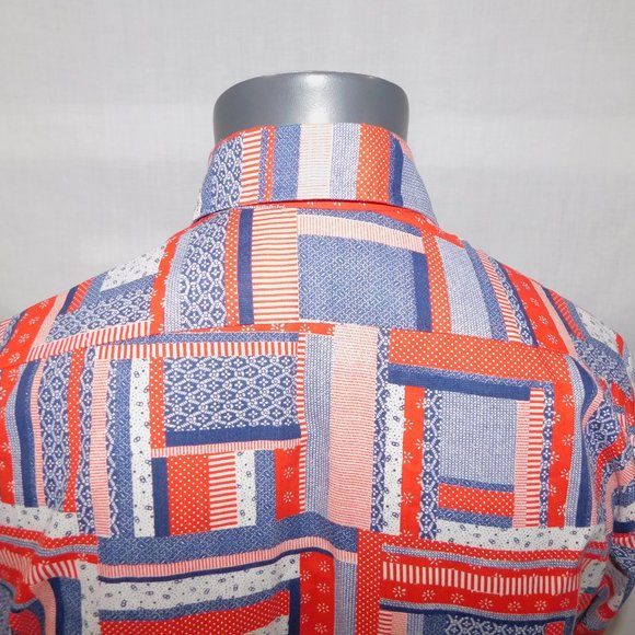 VTG Doug's Leisure Wear Mens L Red white blue Patchwork Look Button front Shirt - Picture 9 of 11